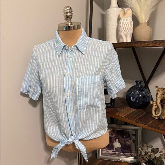 CP Shades Shirt Womens Striped Short Sleeve Button Up Tie Front Top 100% Linen S - Picture 1 of 11